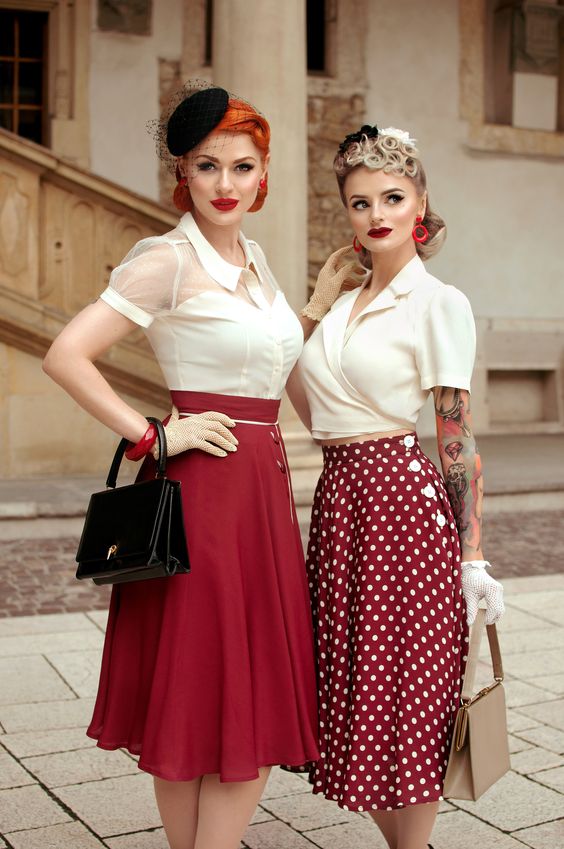 Cream Blouse and Red Polka Dot Skirt with Hat and Gloves — Vintage Style