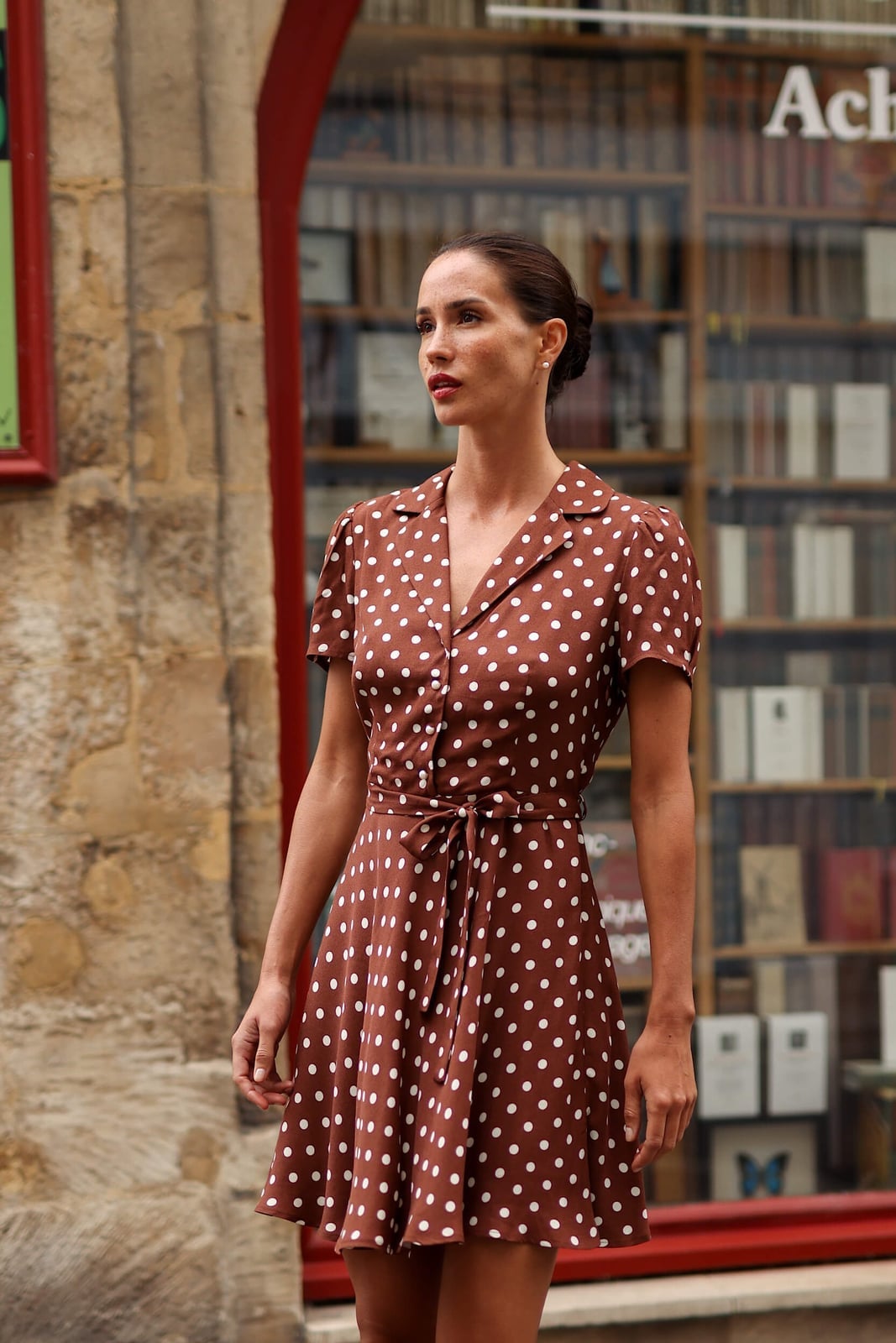 Brown Polka Dot Shirt Dress with Tie Waist — Vintage Style