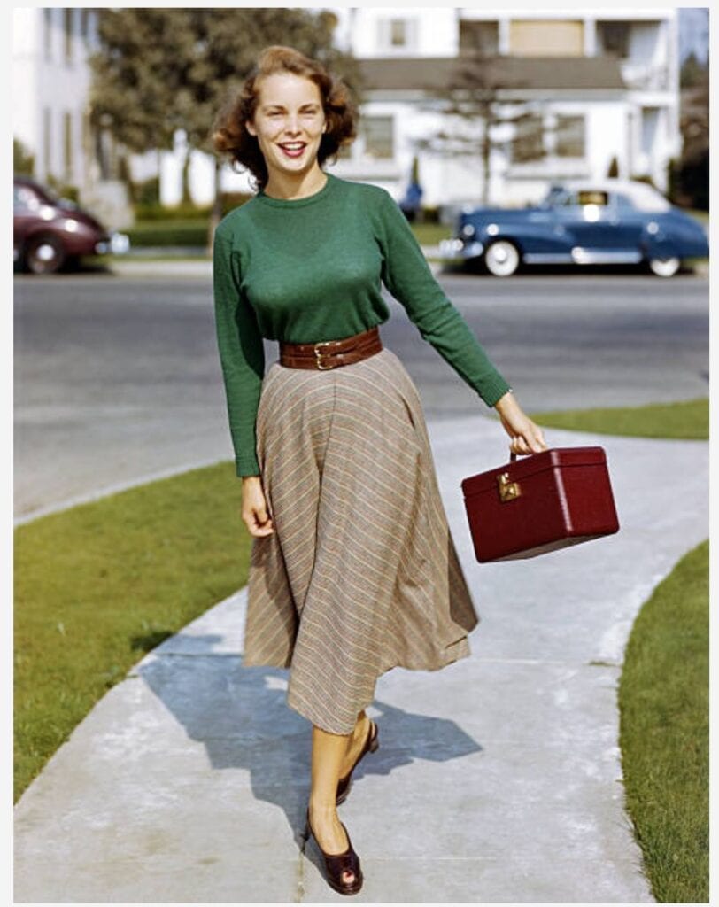 Green Fitted Sweater with Beige and Brown Striped Full Skirt — Vintage Style
