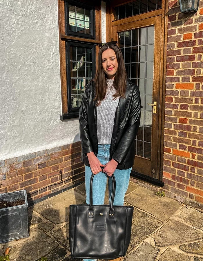 Black Leather Jacket Over Gray Sweater and Light Blue Jeans — Vintage Style