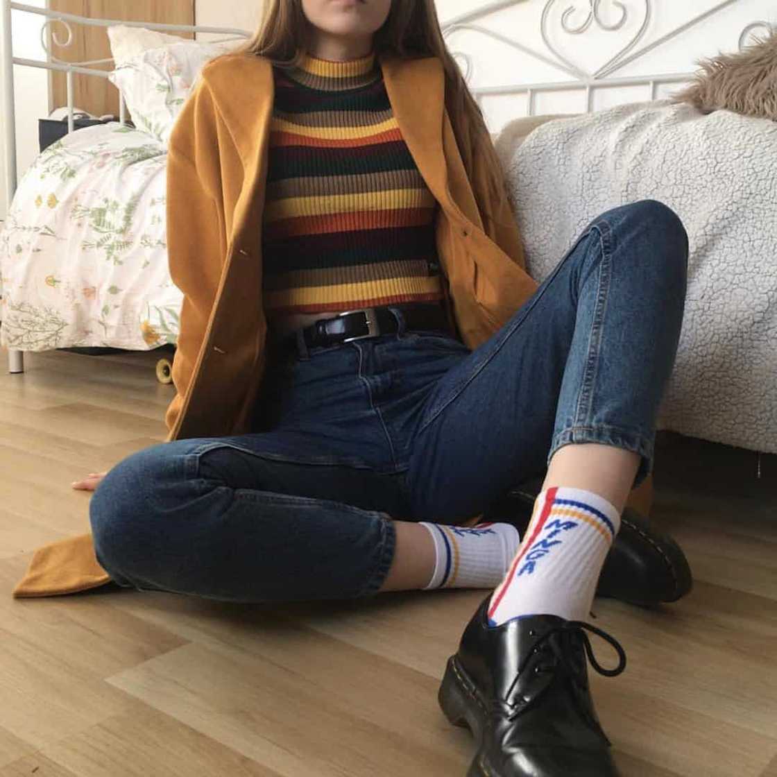 Mustard Coat Over Striped Turtleneck and Blue Jeans — Vintage Style