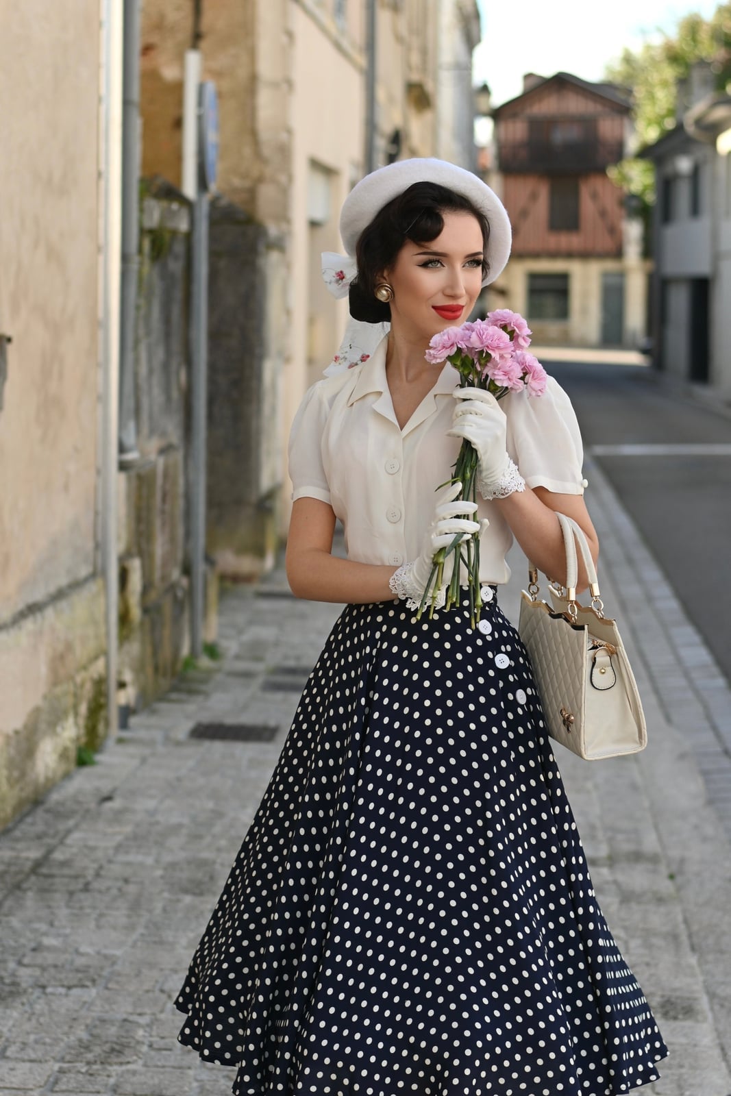 1940s White Puff-Sleeve Blouse and Navy Polka Dot Midi Skirt — Vintage Style