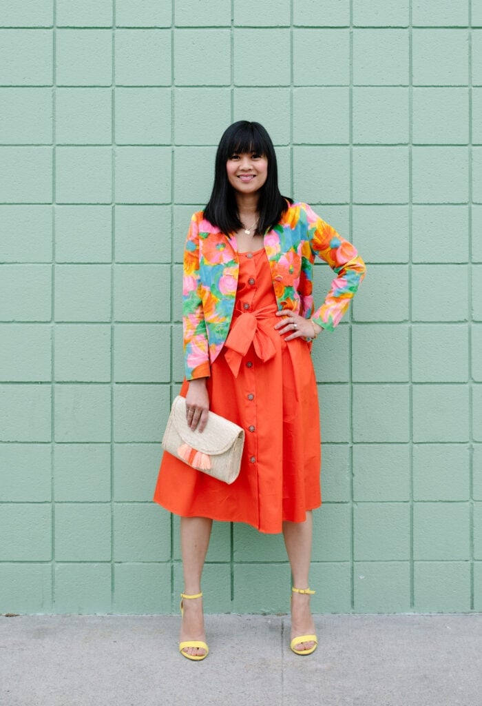 Orange Floral Jacket Over Button-Front Midi Dress — Vintage Style