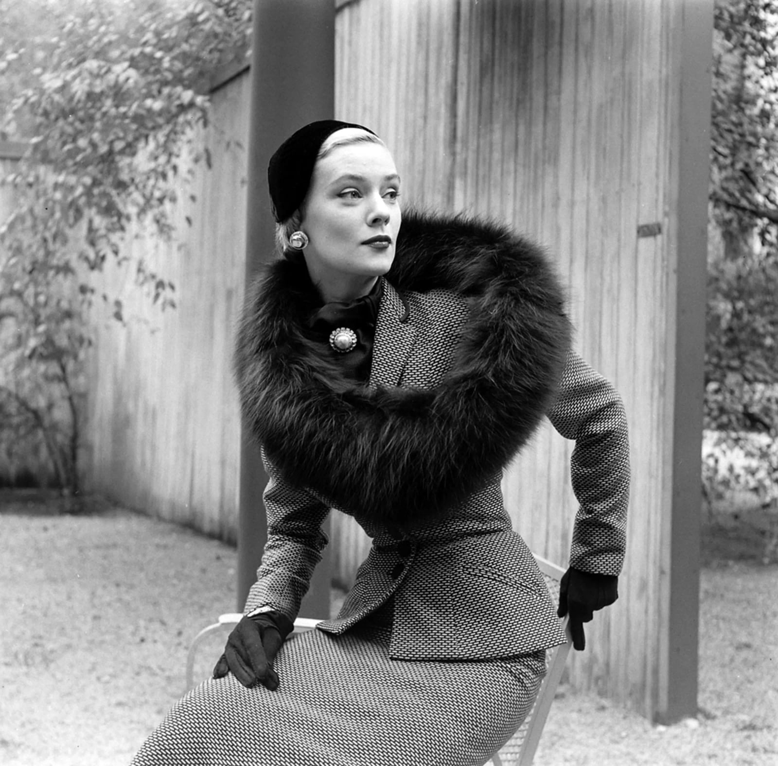 Fitted Textured Jacket with Fur Stole and Pencil Skirt — Vintage Style