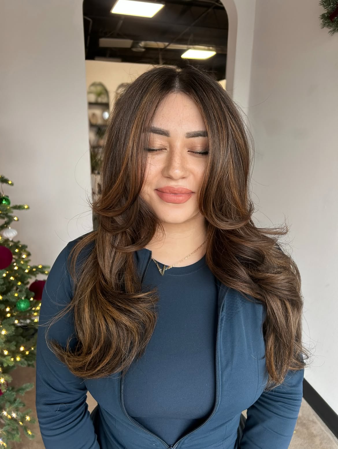 Voluminous Brunette Waves With Caramel Balayage
