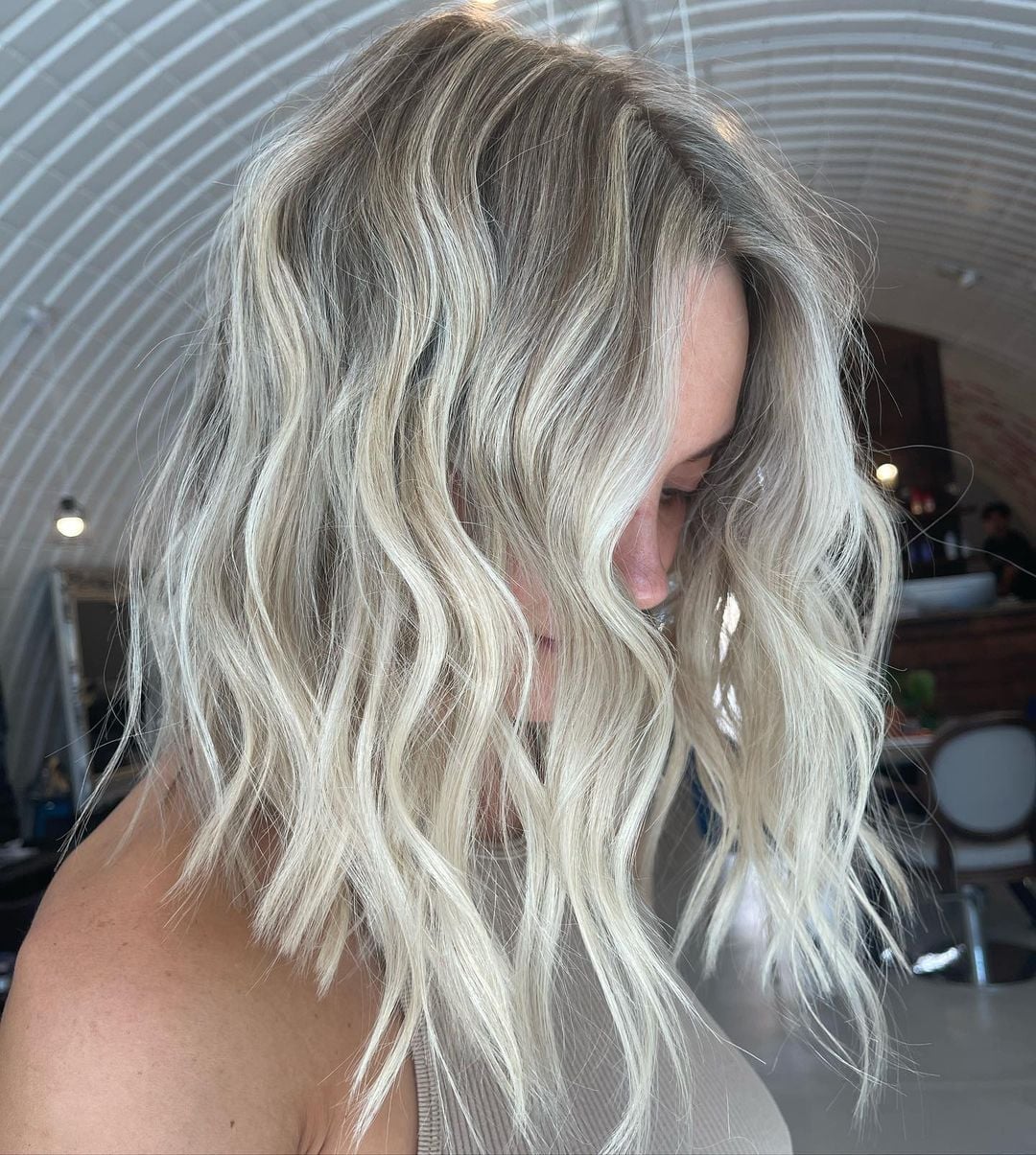 Ash Blonde Beachy Waves Lob — Waves Hair