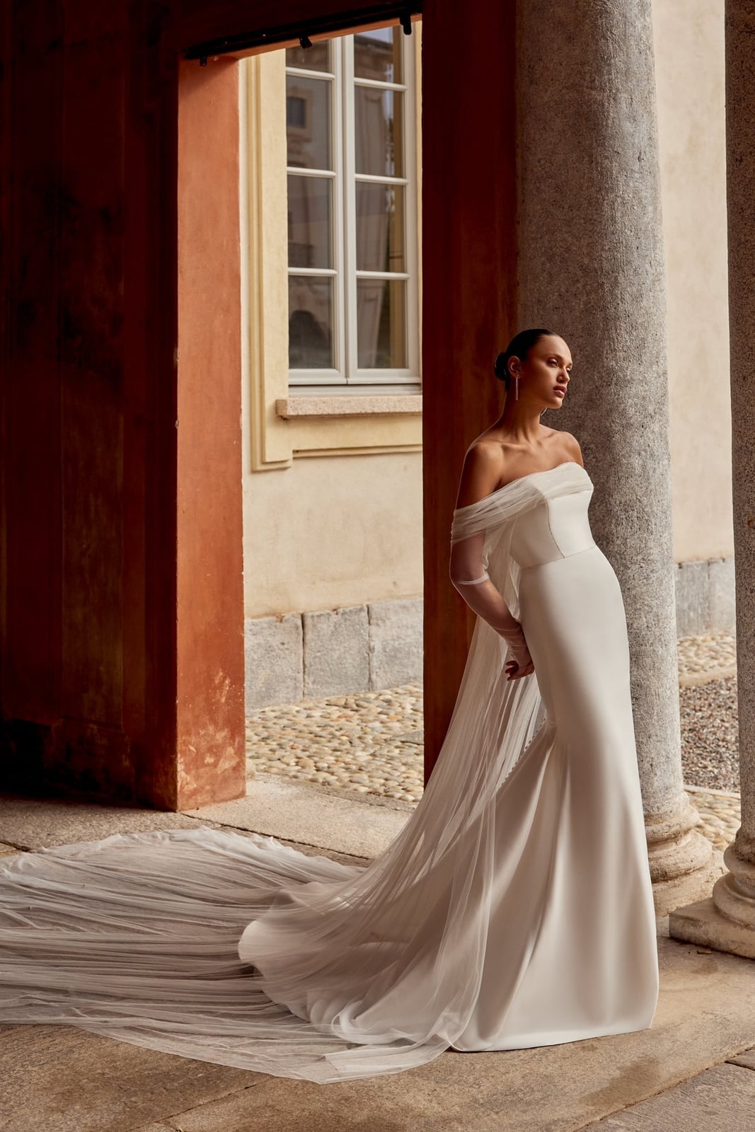 Ivory Satin Fit and Flare Wedding Dress with Off-The-Shoulder Neckline