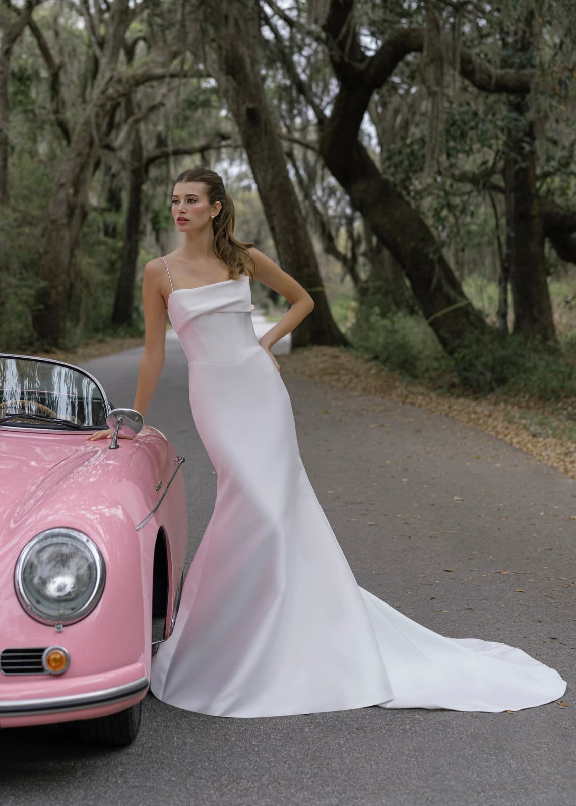 White Satin Column Wedding Dress with Off-The-Shoulder Neckline