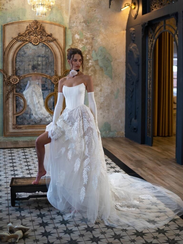 Strapless Ivory Ballgown with Feather-Like Appliqué and Long Gloves — Wedding Dress