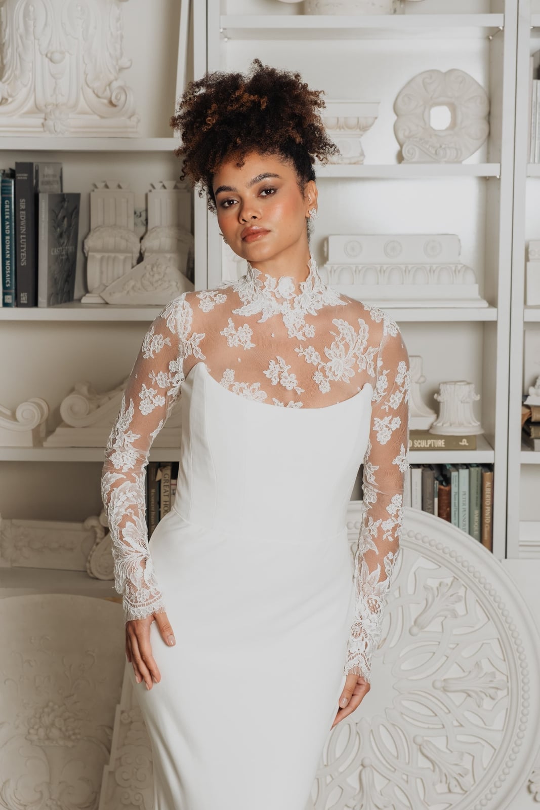 Ivory Crepe Sheath Wedding Dress with Lace Turtleneck and Sleeves