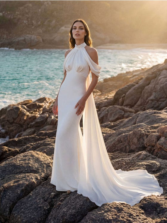 White Satin Column Wedding Dress with Dramatic Draped Chiffon Sleeves