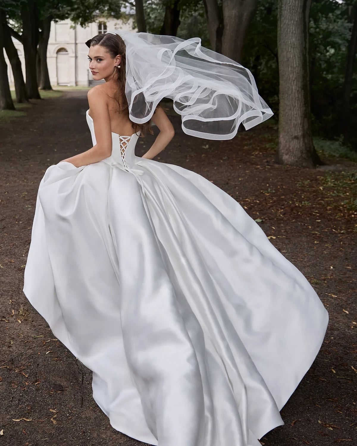 White Satin Ballgown Wedding Dress with Corset Back, Close-Up Take