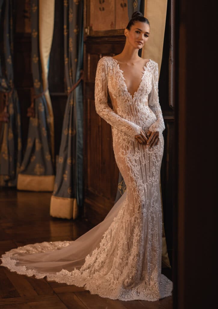 Ivory Sheath Wedding Dress with Long Sleeves, Close-Up Take