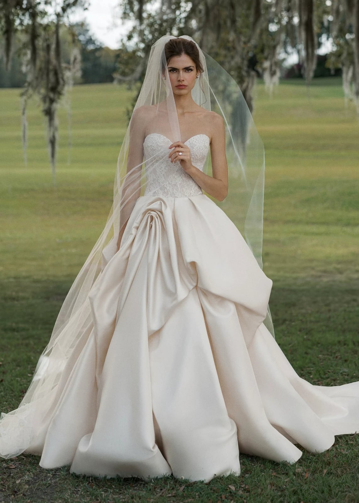 Ivory and Champagne Ballgown Wedding Dress with Draped, Close-Up Take