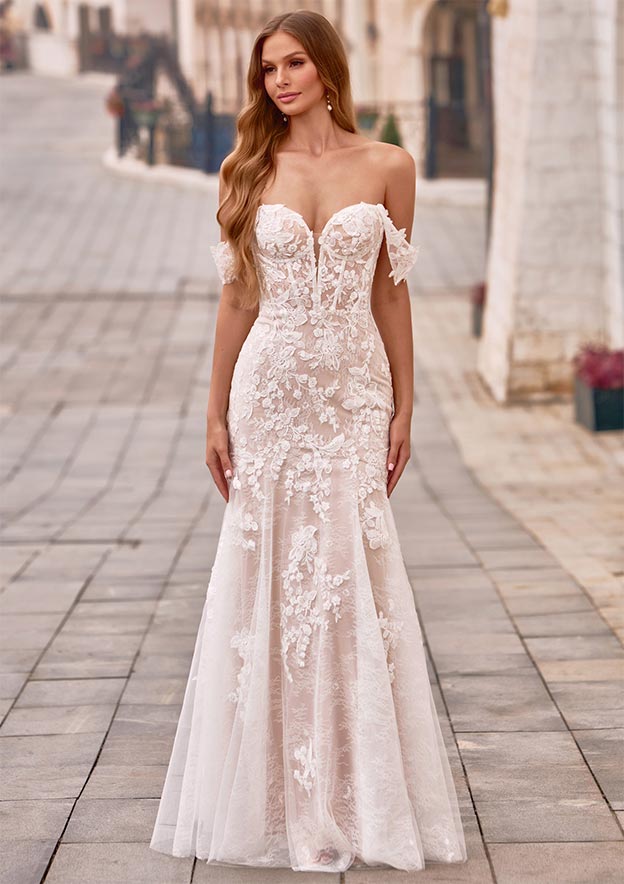 Ivory and Nude Mermaid Wedding Dress with Intricate, Close-Up Take