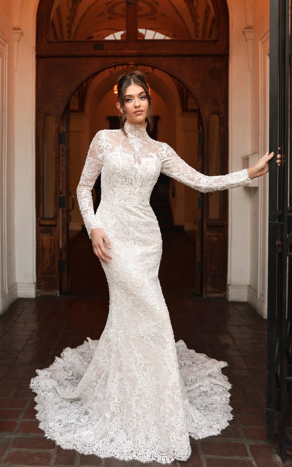 Ivory Lace Wedding Dress with High Neckline and Long Sleeves