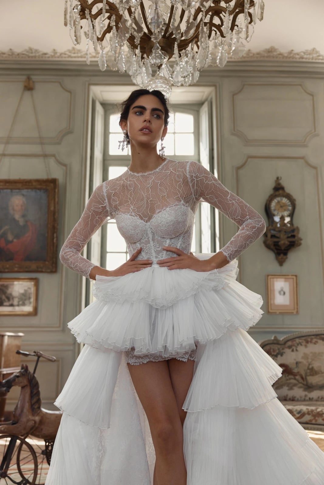 White Wedding Dress with Lace Bodice and Tiered Tulle Skirt