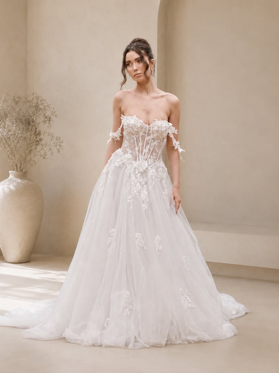 White Ballgown Wedding Dress with 3D Floral Lace Appliqué