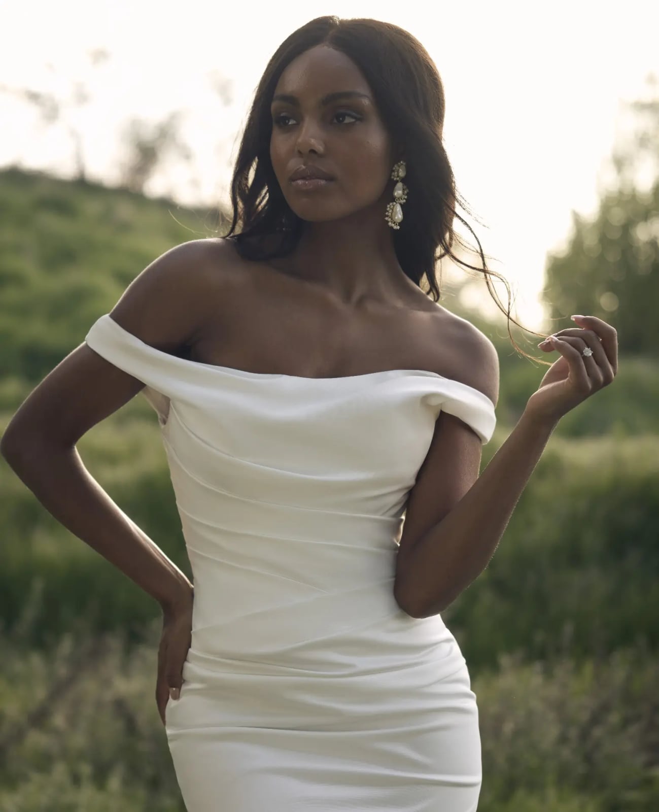 White Crepe Sheath Wedding Dress with Off-The-Shoulder Neckline