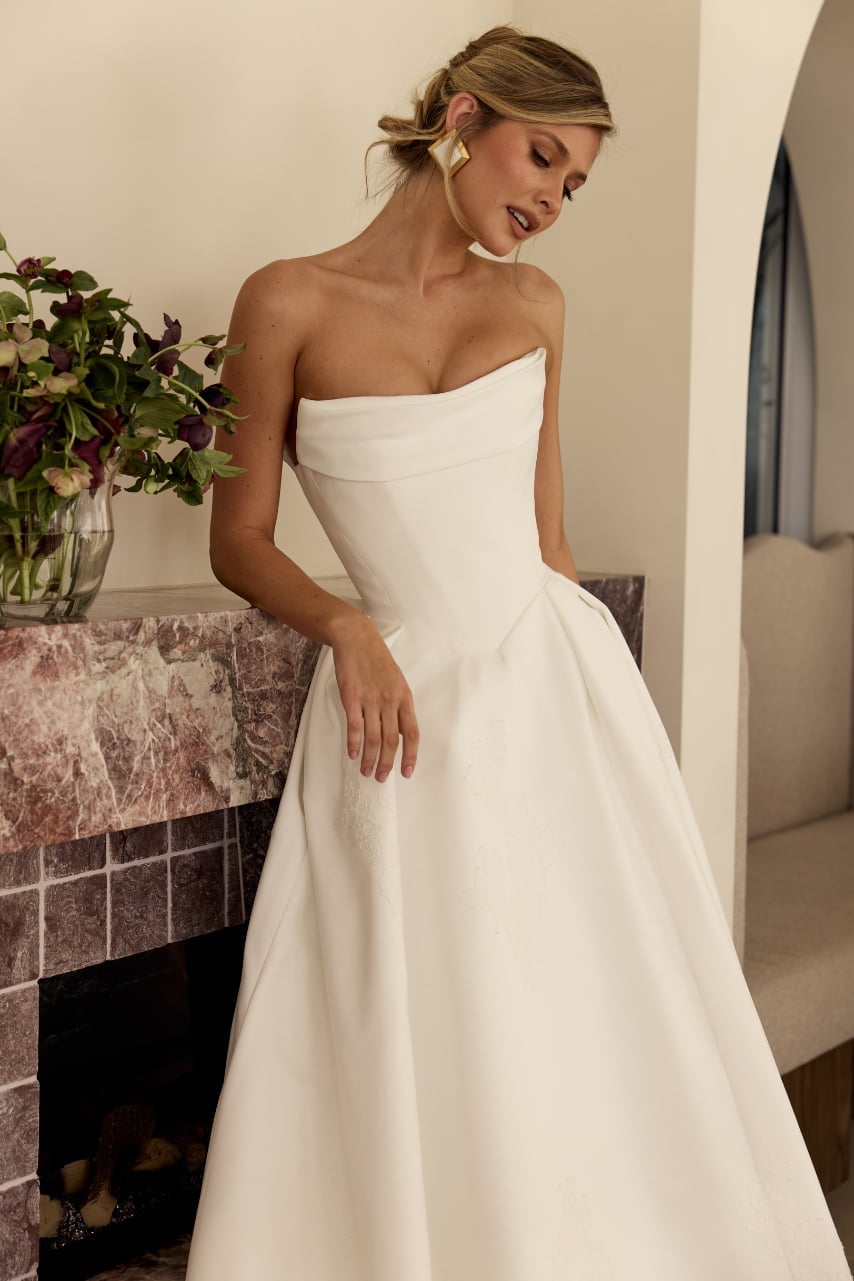 White Strapless A-Line Wedding Dress with Structured Bodice