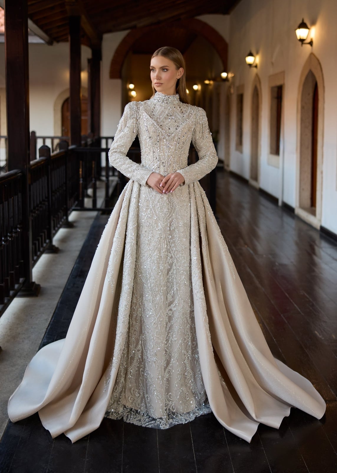 Champagne and Ivory Heavily Embellished Column Wedding Dress
