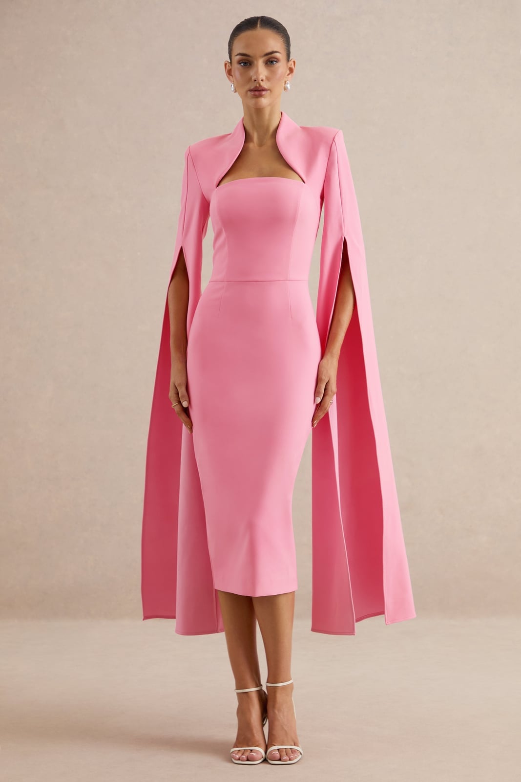 Bright Pink Cape Midi Dress for a Glamorous Wedding Bright Pink Cape Midi Dress for a Glamorous Wedding — Wedding Guest Outfits