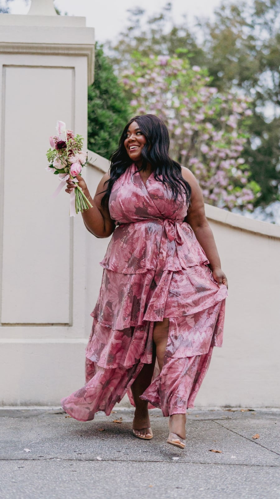 Pink Tiered Ruffle Dress with High-Low Hem Pink Tiered Ruffle Dress with High-Low Hem — Wedding Guest Outfits