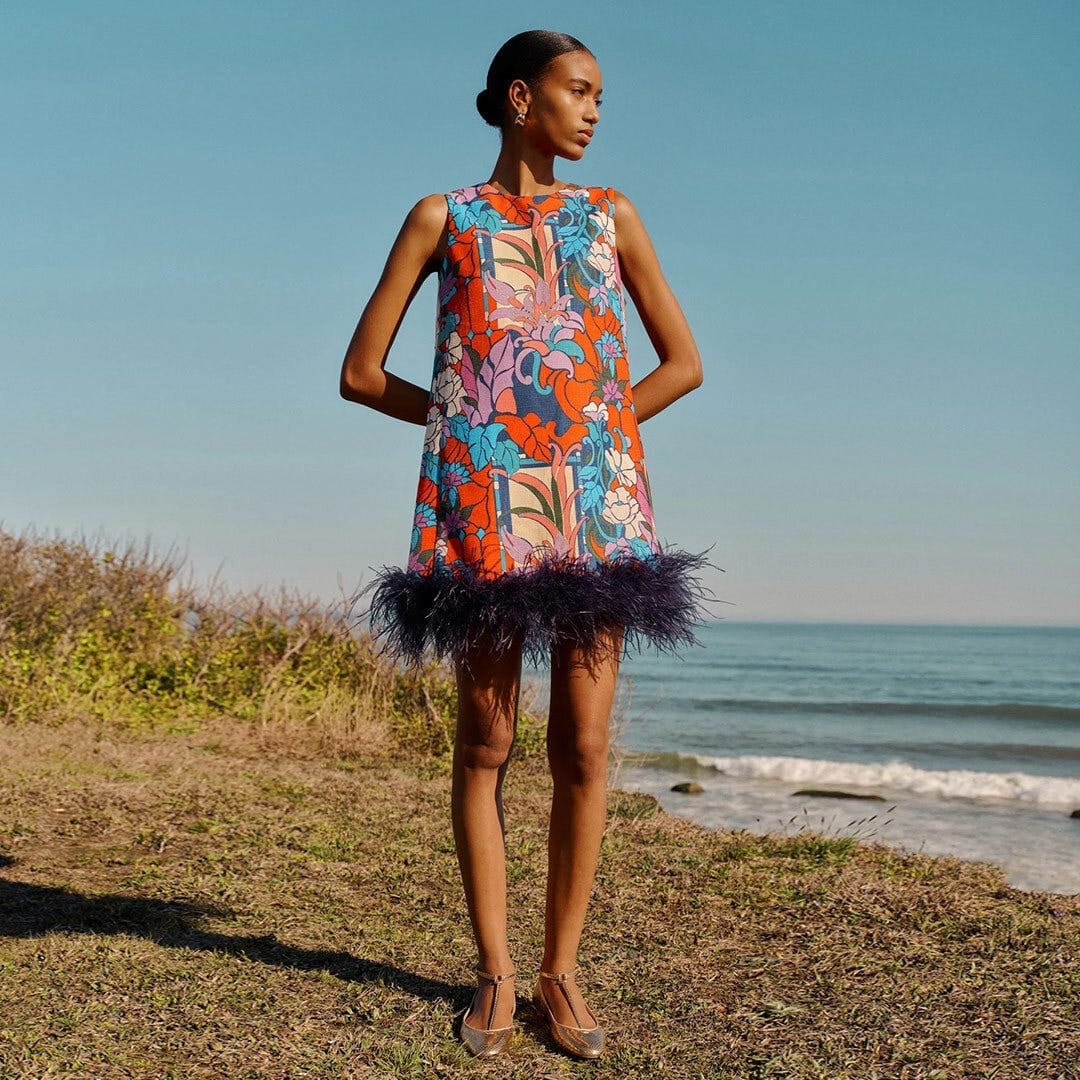 Floral Print Mini Dress with Feather Trim Detail Floral Print Mini Dress with Feather Trim Detail — Wedding Guest Outfits