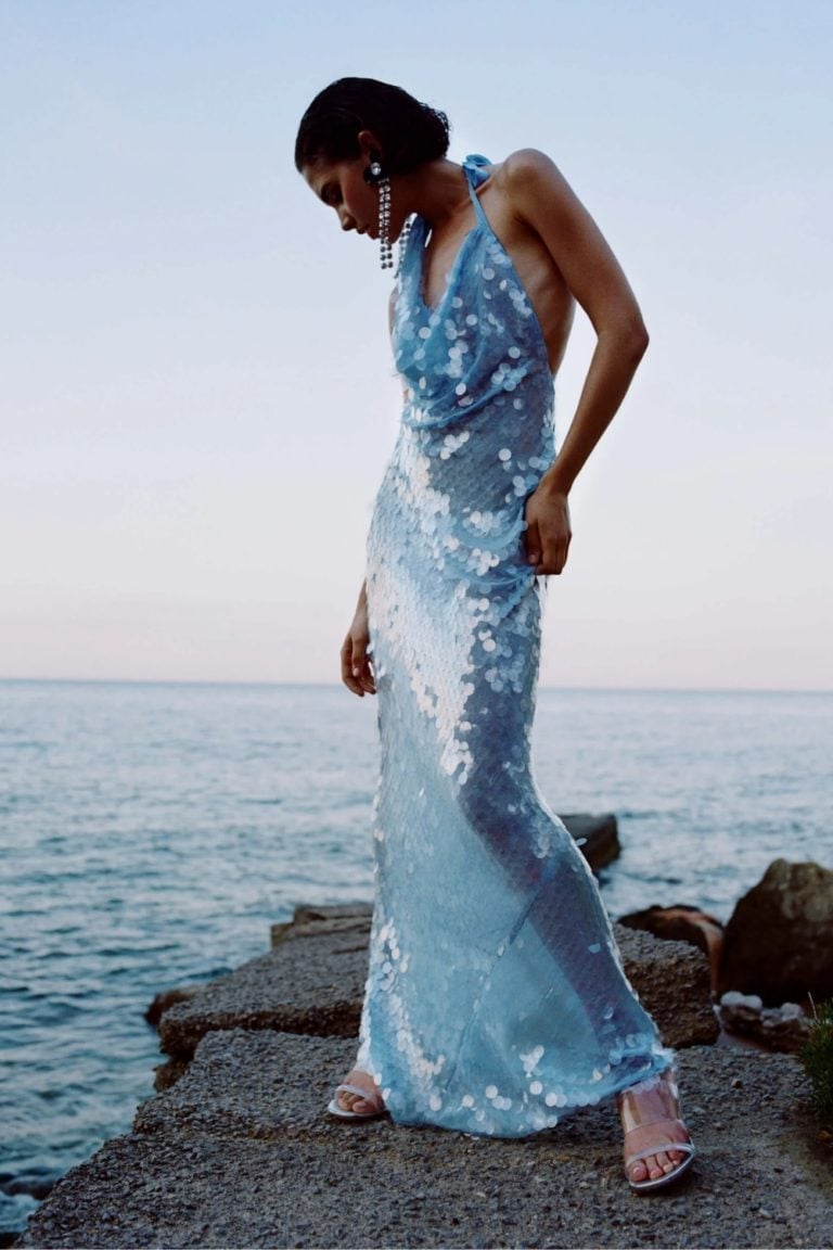 Light Blue Sequined Halter Neck Maxi Dress Light Blue Sequined Halter Neck Maxi Dress — Wedding Guest Outfits