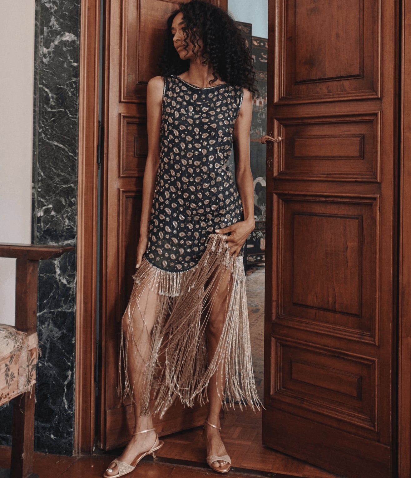 Dark Embellished Dress with Metallic Fringe Hem Dark Embellished Dress with Metallic Fringe Hem — Wedding Guest Outfits