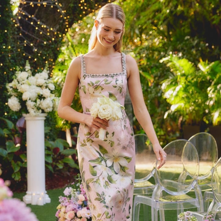 Pink Floral Brocade Sheath Dress with Embellished Neckline Pink Floral Brocade Sheath Dress with Embellished Neckline — Wedding Guest Outfits