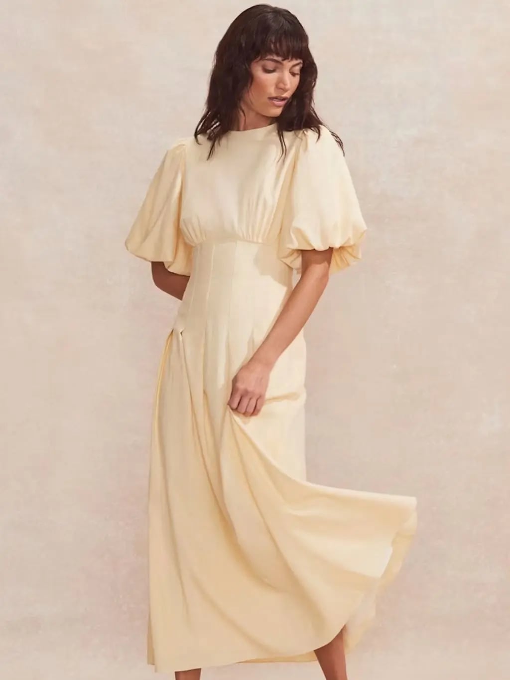 Pale Yellow Dress with Dramatic Puff Sleeves and Full Skirt Pale Yellow Dress with Dramatic Puff Sleeves and Full Skirt — Wedding Guest Outfits