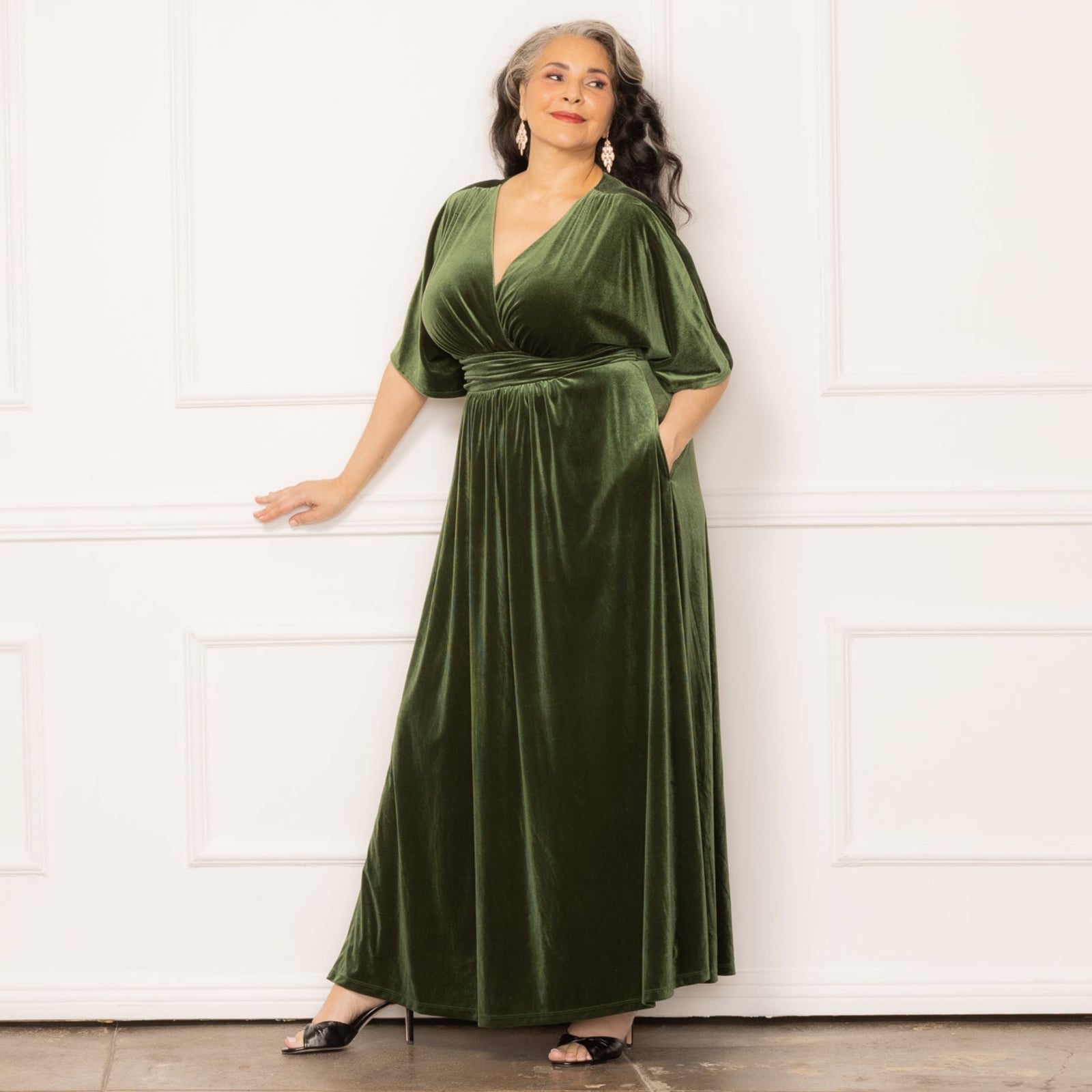 Olive Green Velvet Wrap Maxi Dress with Kimono Sleeves Olive Green Velvet Wrap Maxi Dress with Kimono Sleeves — Wedding Guest Outfits