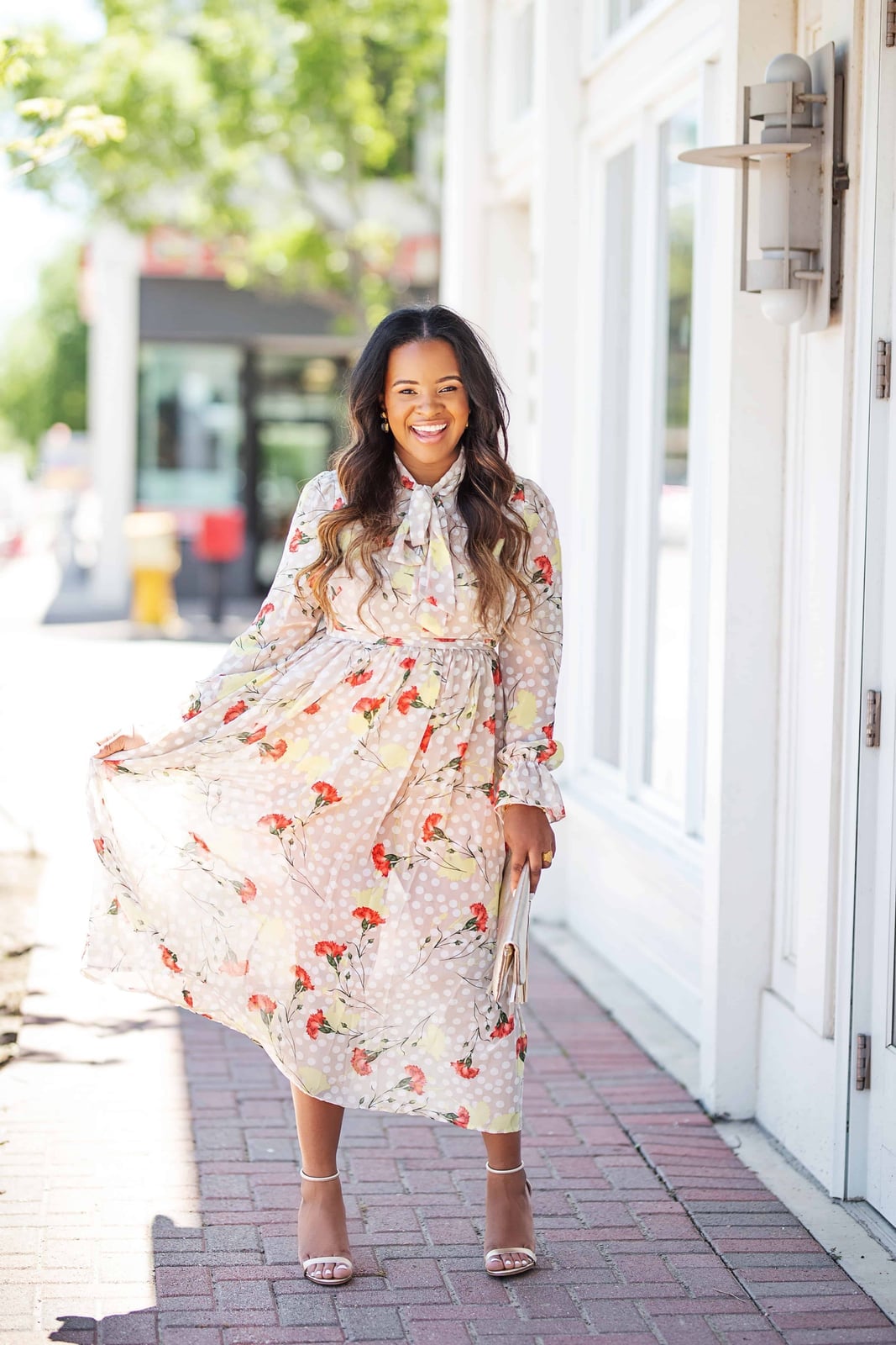 Pale Pink Floral Polka Dot Midi Dress with Bow Detail Pale Pink Floral Polka Dot Midi Dress with Bow Detail — Wedding Guest Outfits