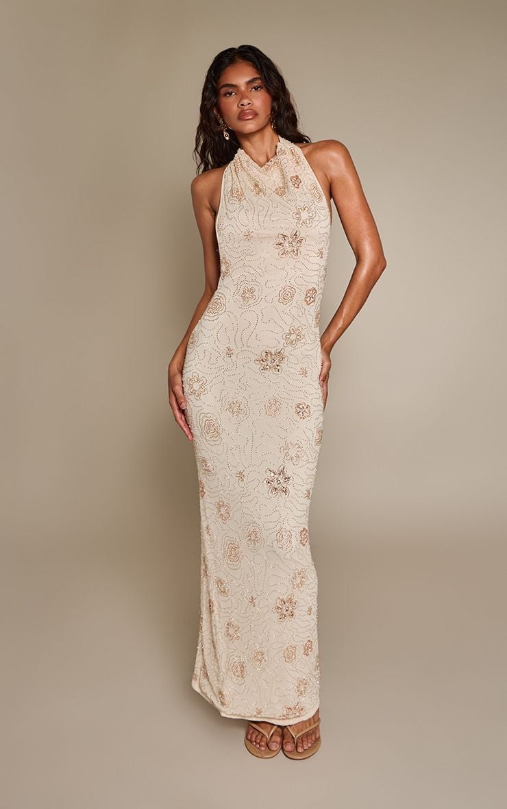 Cream Beaded Halterneck Maxi Dress with Gold Pattern Cream Beaded Halterneck Maxi Dress with Gold Pattern — Wedding Guest Outfits