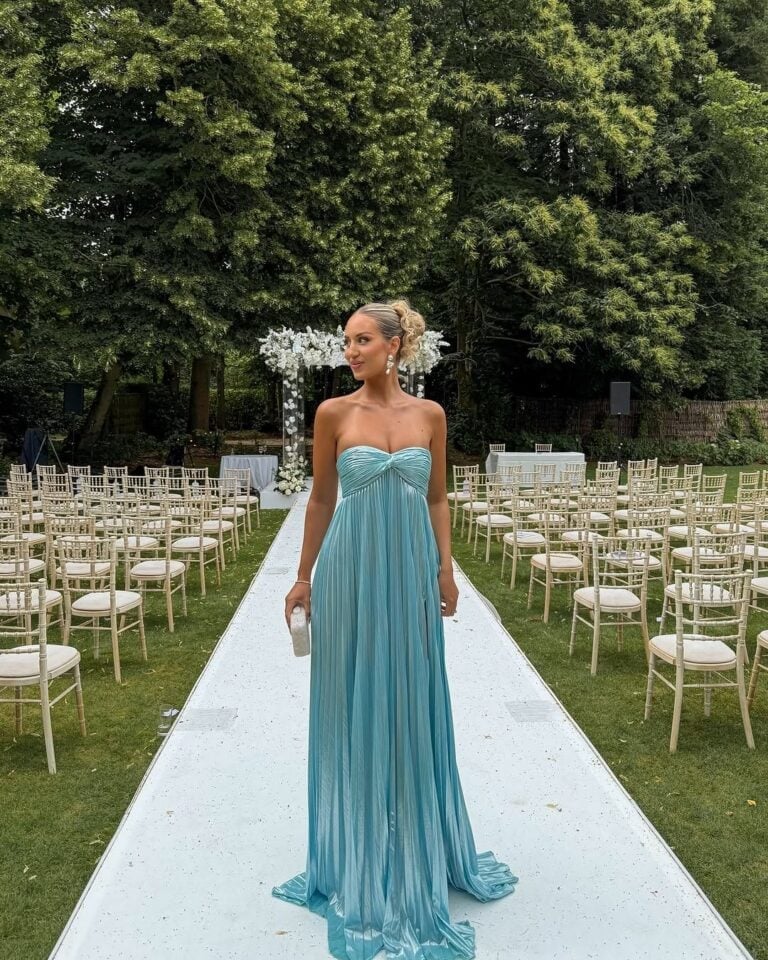 Light Blue Metallic Gown with Slit for a Formal Event Light Blue Metallic Gown with Slit for a Formal Event — Wedding Guest Outfits