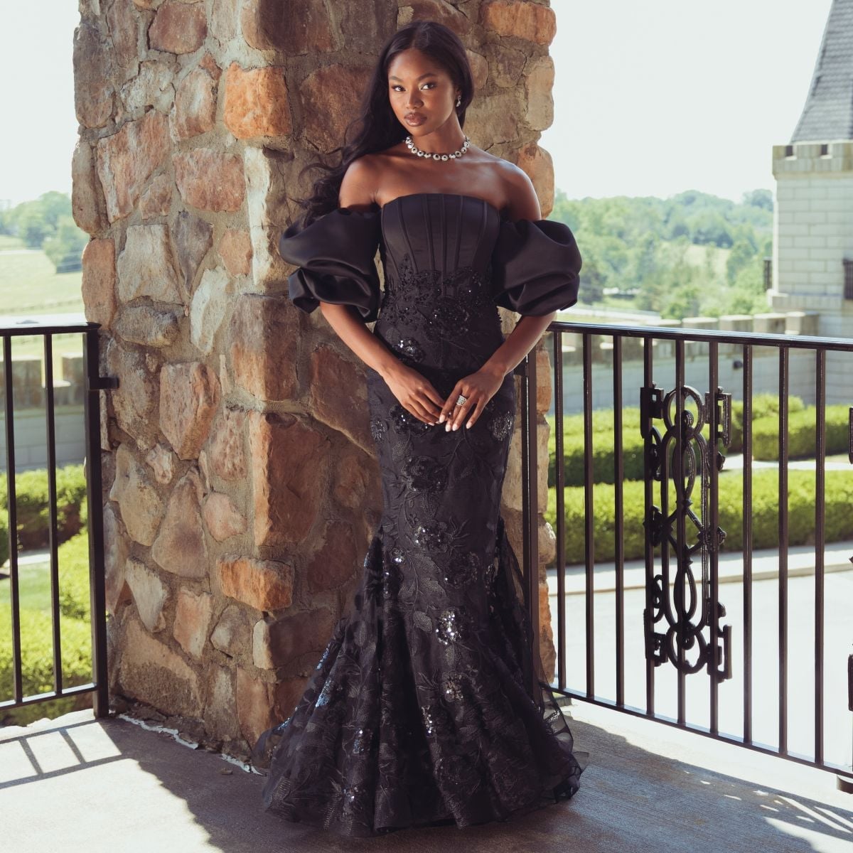 Black Off-the-Shoulder Gown with Lace, Office-Safe Version Black Off-the-Shoulder Gown with Lace, Office-Safe Version — Wedding Guest Outfits