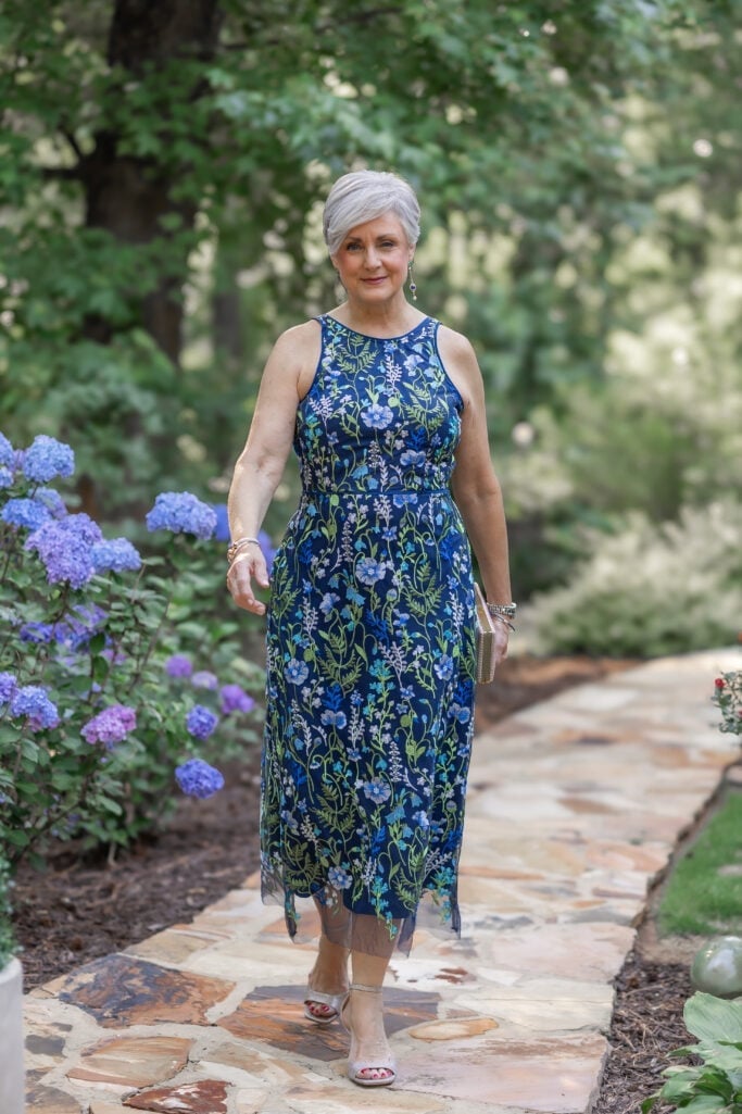 Navy Embroidered Midi Dress with Mesh Overlay and Nude Heeled Sandals Navy Embroidered Midi Dress with Mesh Overlay and Nude Heeled Sandals — Wedding Guest Outfits