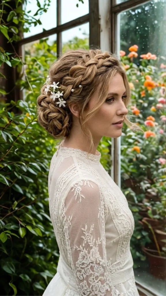 Braided Updo With Flowers And Pearls Braided Updo With Flowers And Pearls — Wedding Hairstyles for Long Hair