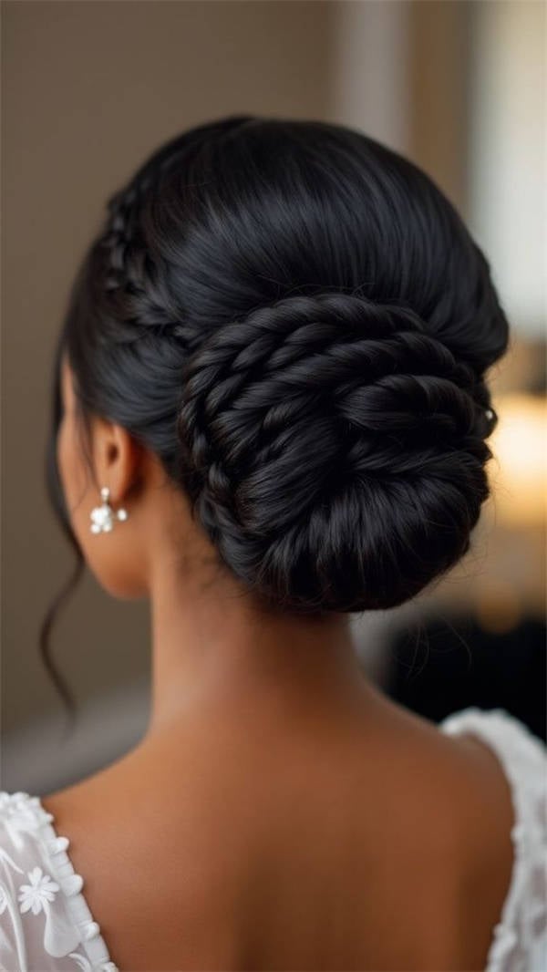 Twisted Low Bun With Braided Accents Twisted Low Bun With Braided Accents — Wedding Hairstyles for Long Hair