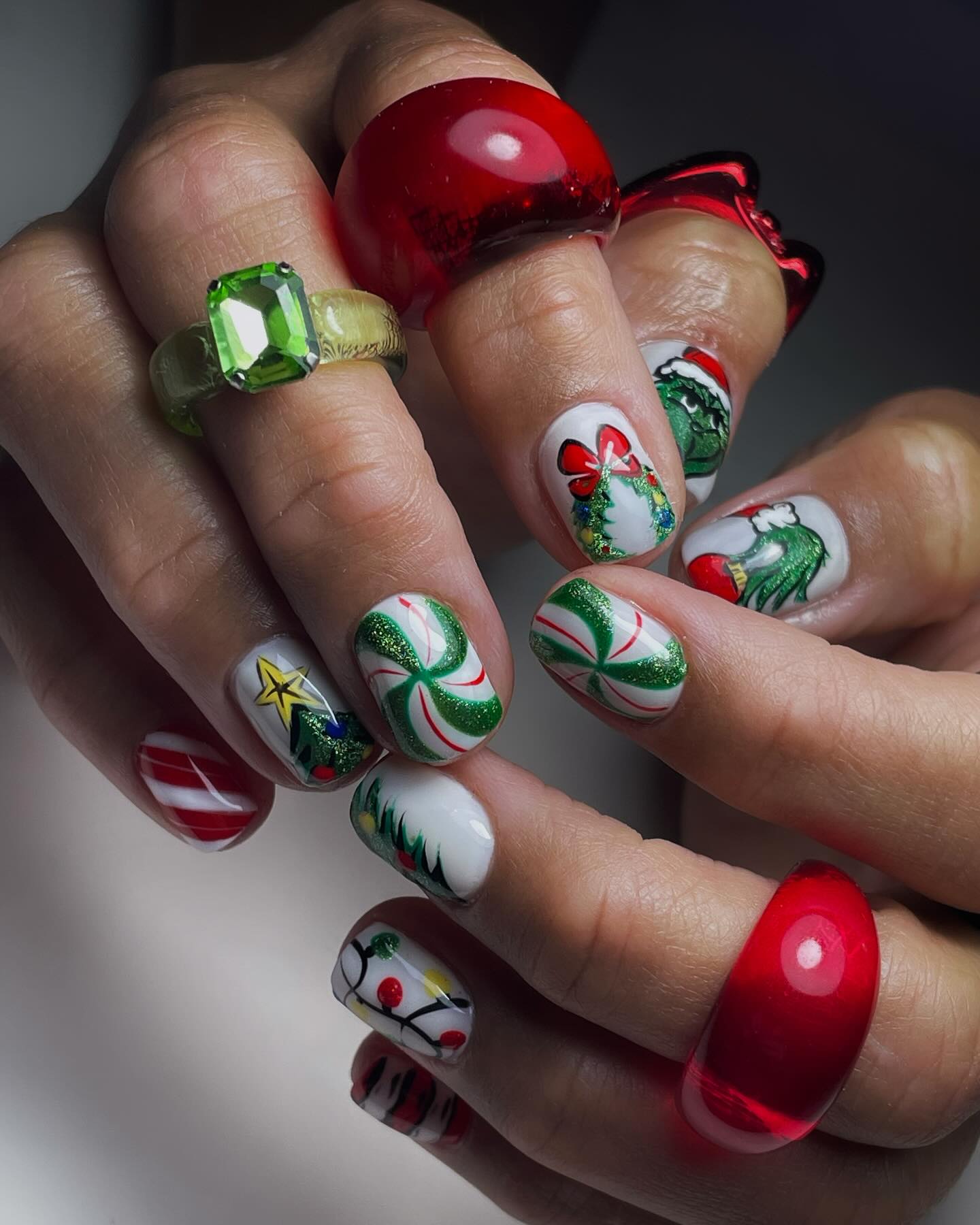 Whimsical Christmas Character & Candy Cane Nails
