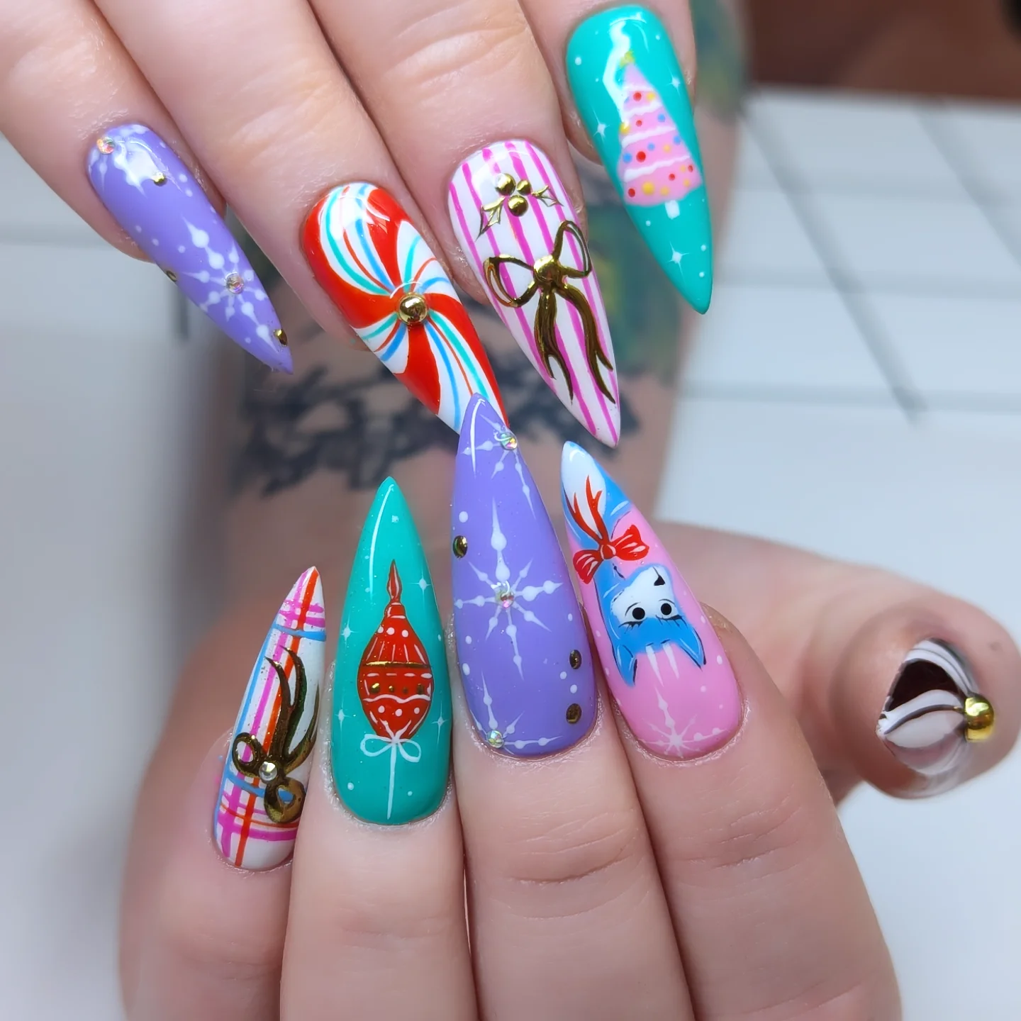 Whimsical Christmas Character Stiletto Nails