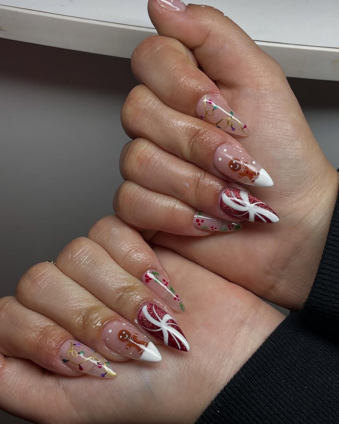 Whimsical Christmas Lights Almond Nails