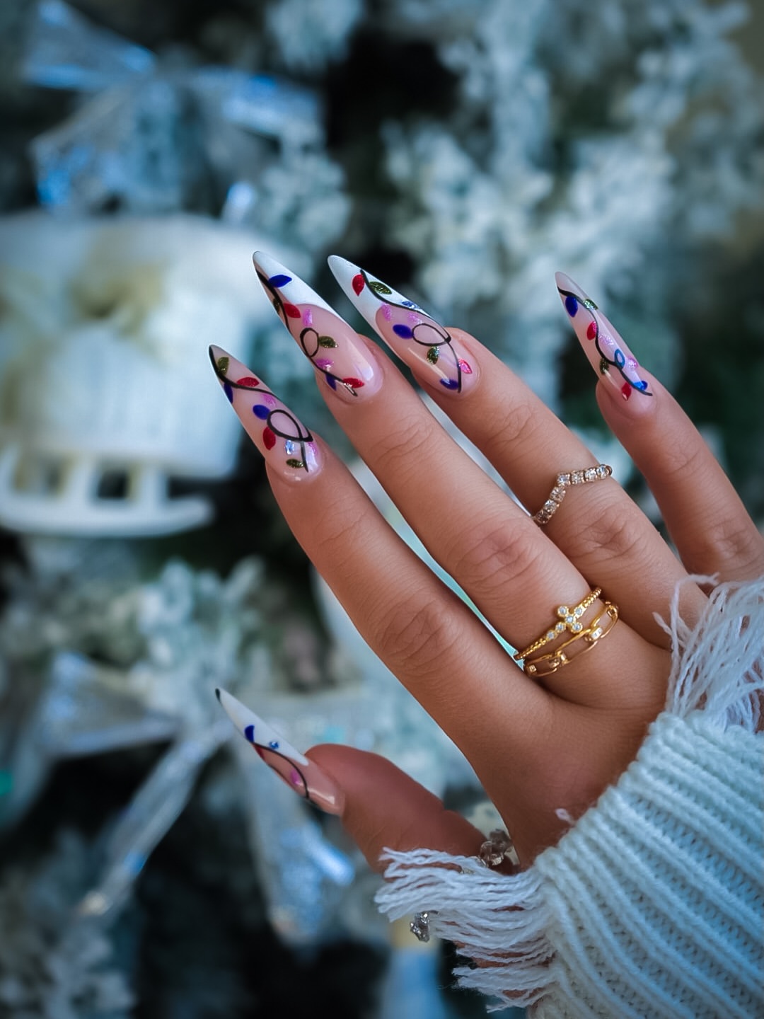 Whimsical Christmas Lights Stiletto Nails