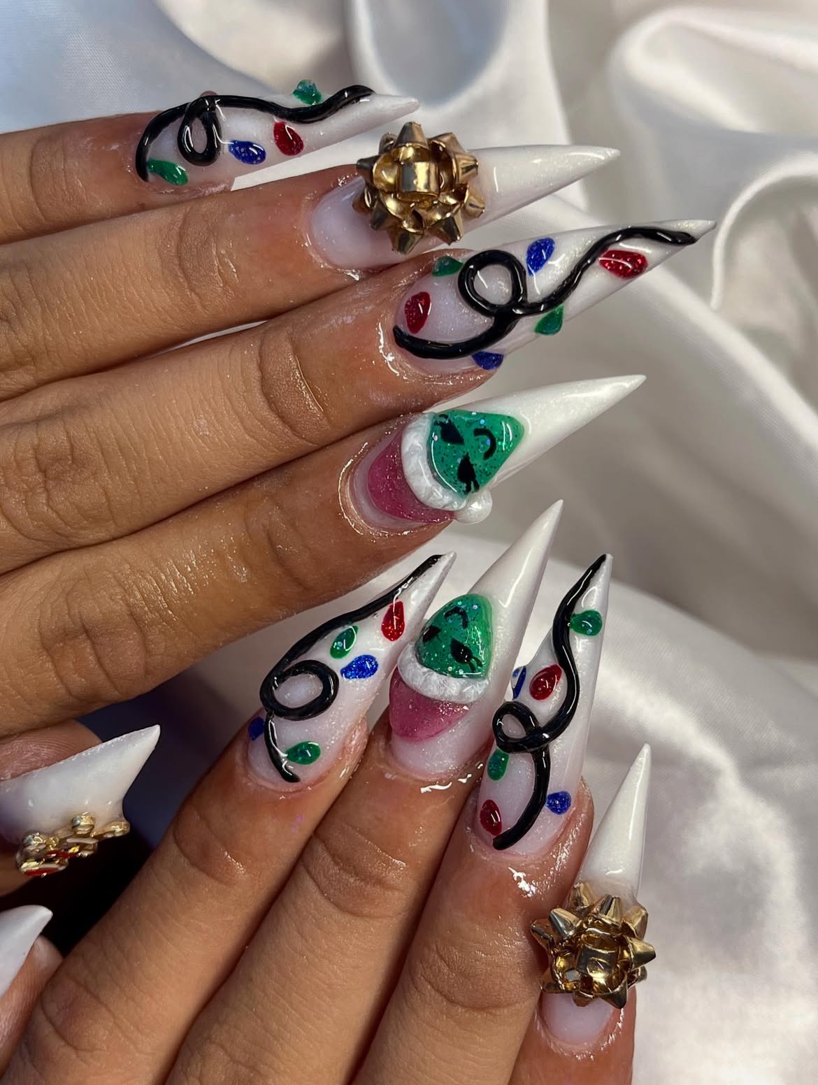 Whimsical Christmas Lights Stiletto Nails