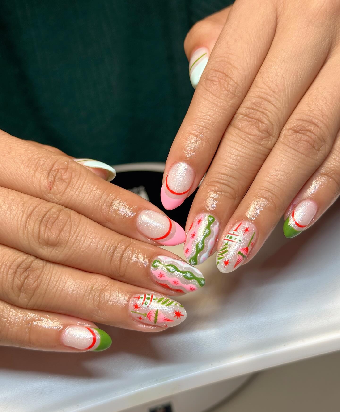Whimsical Christmas Tree French Tips With Glitter Accents