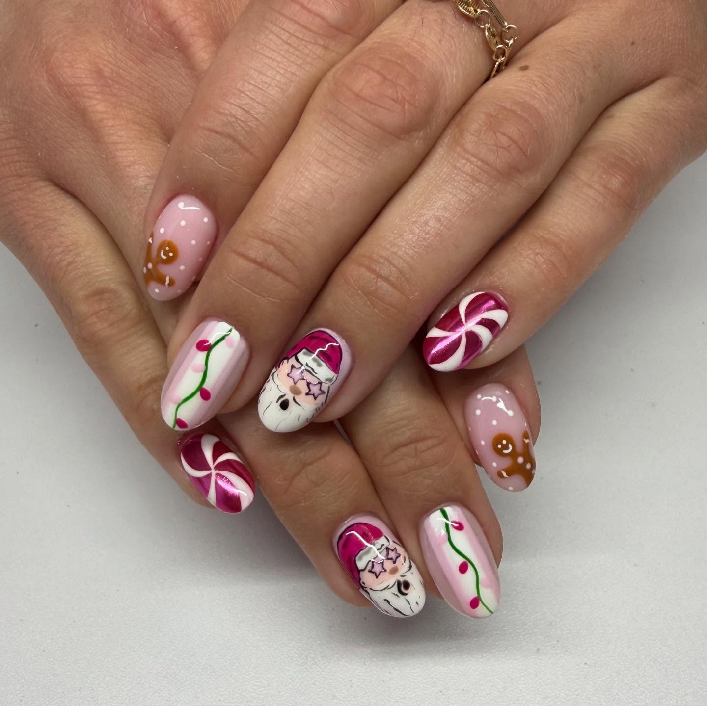 Whimsical Gingerbread & Santa Christmas Oval Nails