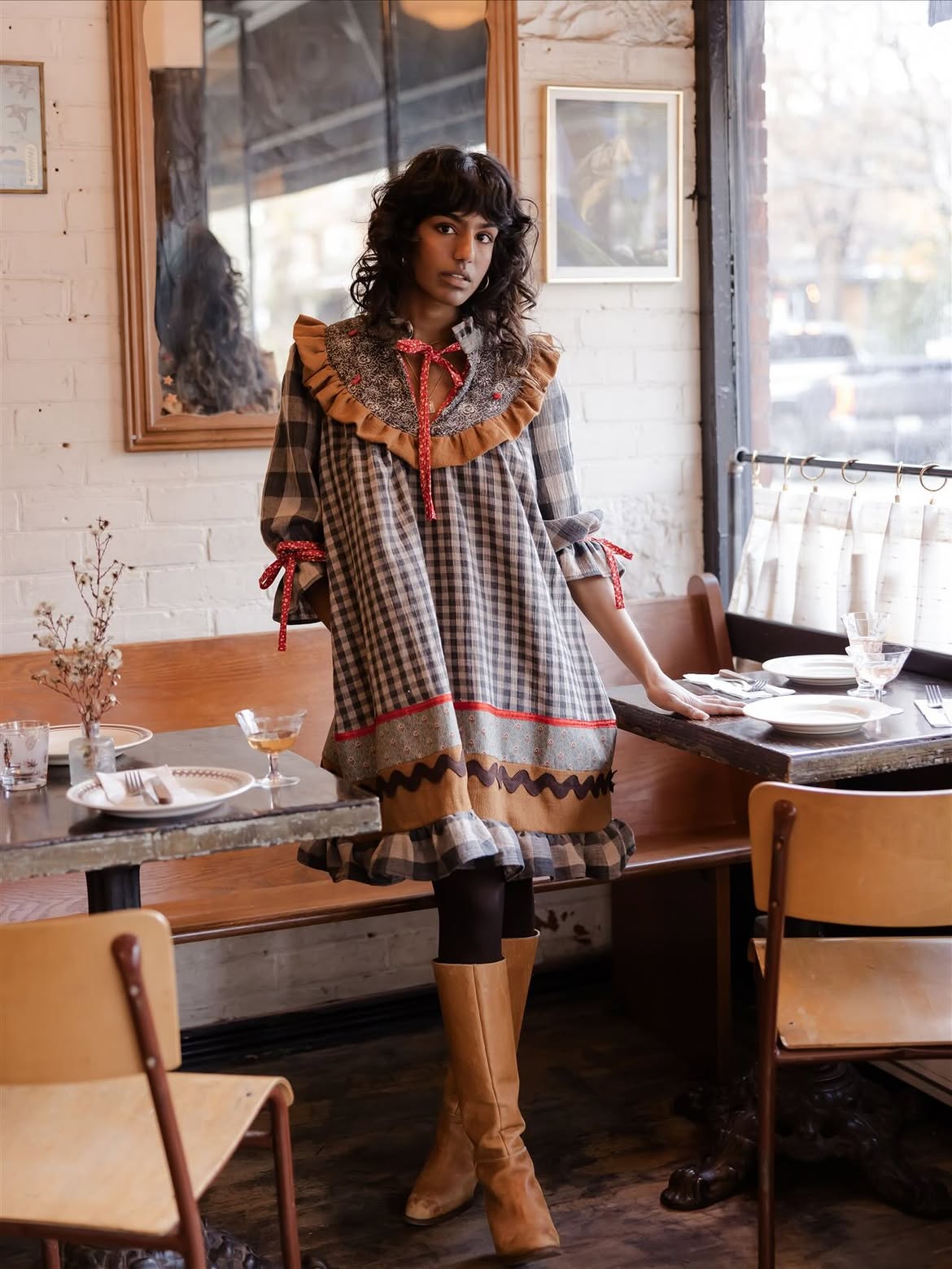 Whimsical Gingham Ruffle Dress With Tall Suede Boots