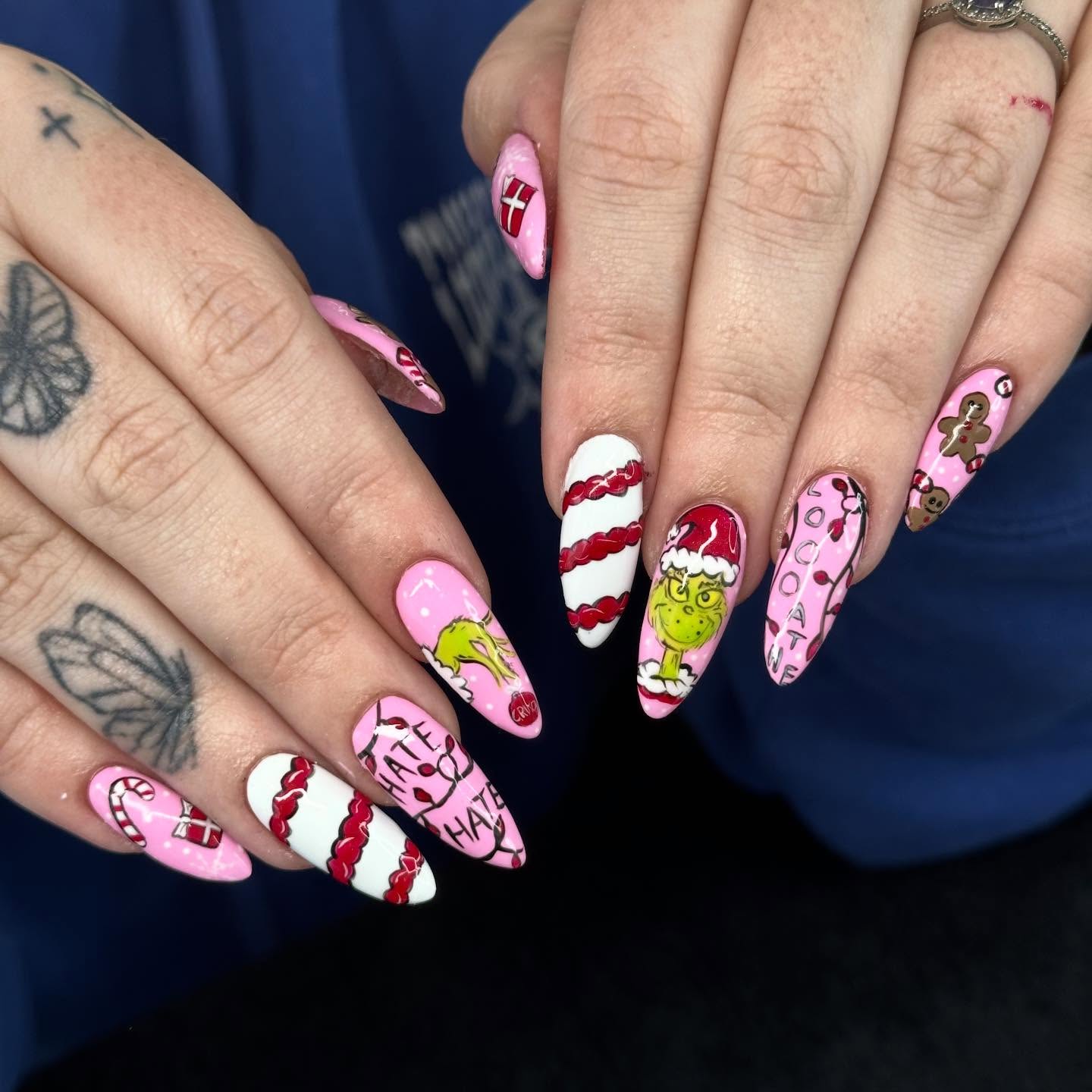 Whimsical Grinch and Candy Cane Stiletto Nails