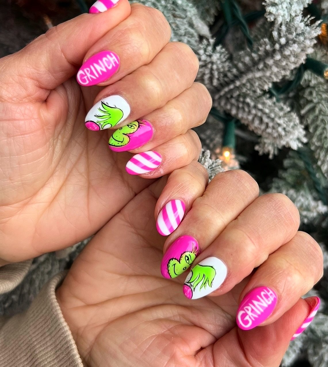 Whimsical Grinch Christmas Almond Nails
